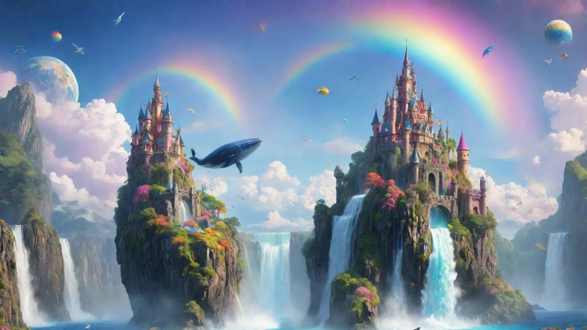 magical world flying whale castle in skky planets waterfall rainbow aesthetic omg colorful  wide
