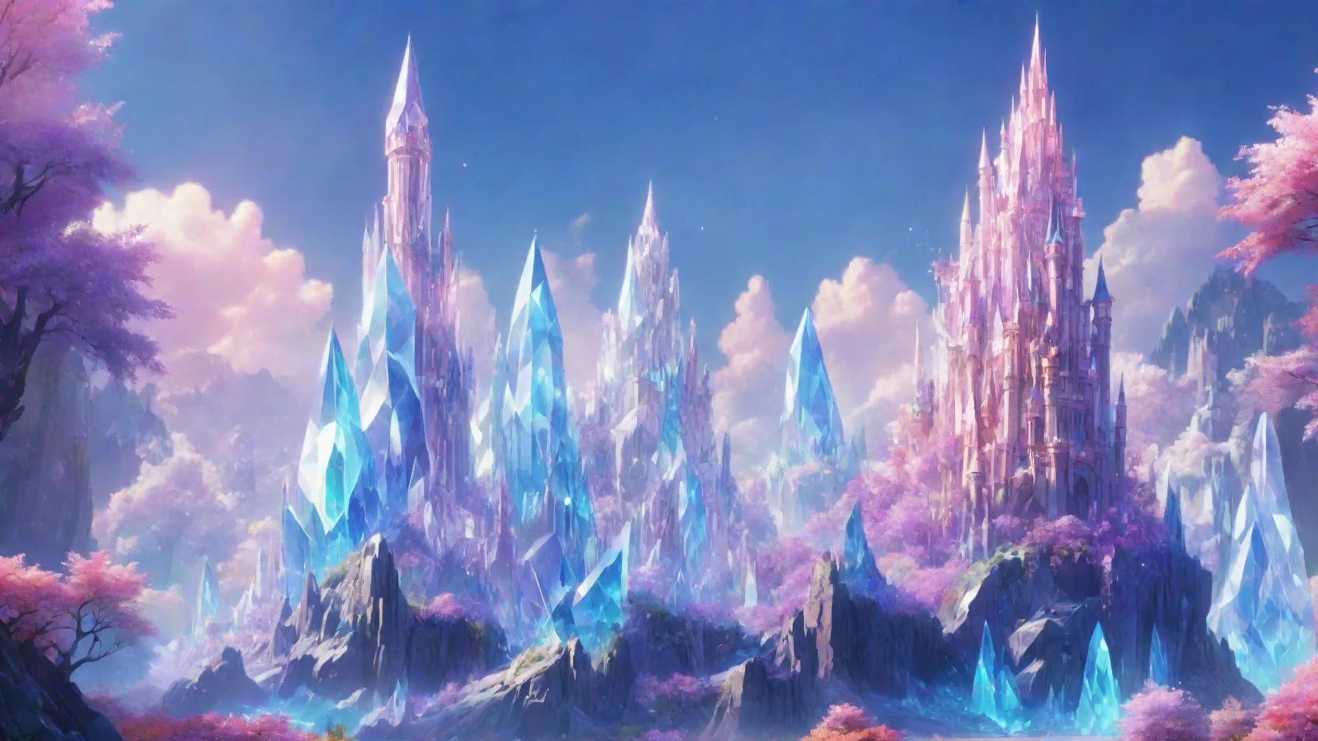 magical world giant crystal with a tower hd aesthetic omg colorful  wide