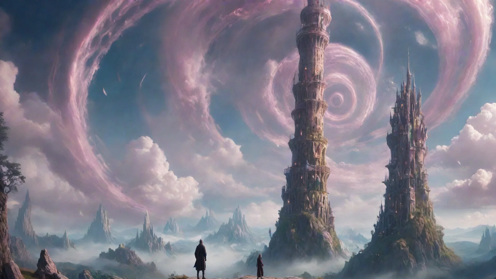magical world with a wizard looking a spiraling impossible tower hd aesthetic omg wide