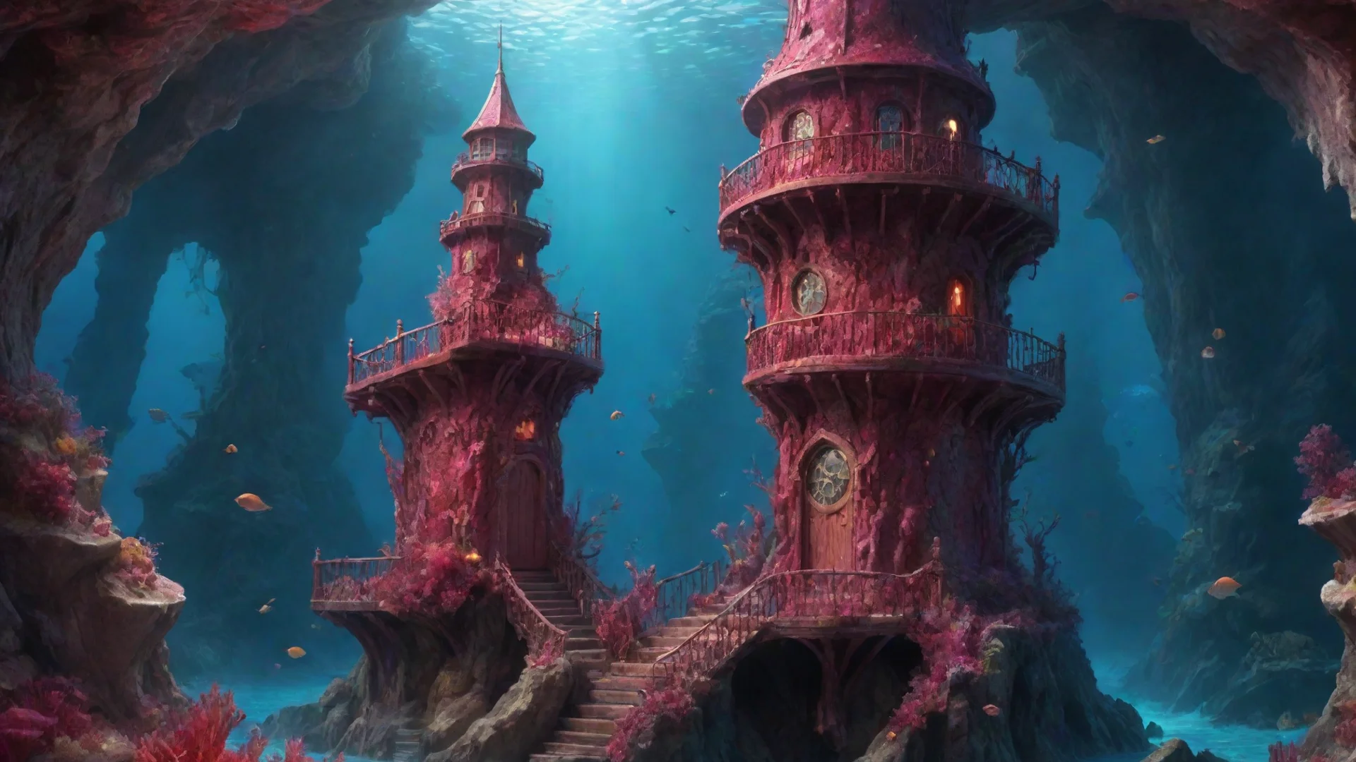 magnificent fantasy watch tower inside ruby crystal in an undersea subterranean landscape highly detailed intricate octa wide