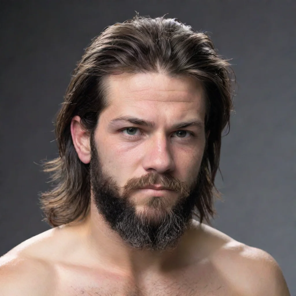 make a %3D american wrestler with a black low tapered faded mullet with a faded beard and a lighheavyweight