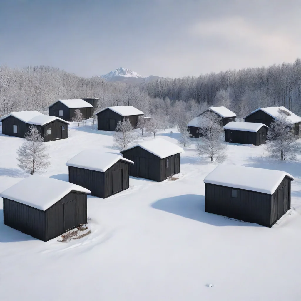 make me a project in the snow with hyperrealistic images 8k of a project of 6 small houses made of modern furnitures and black containers