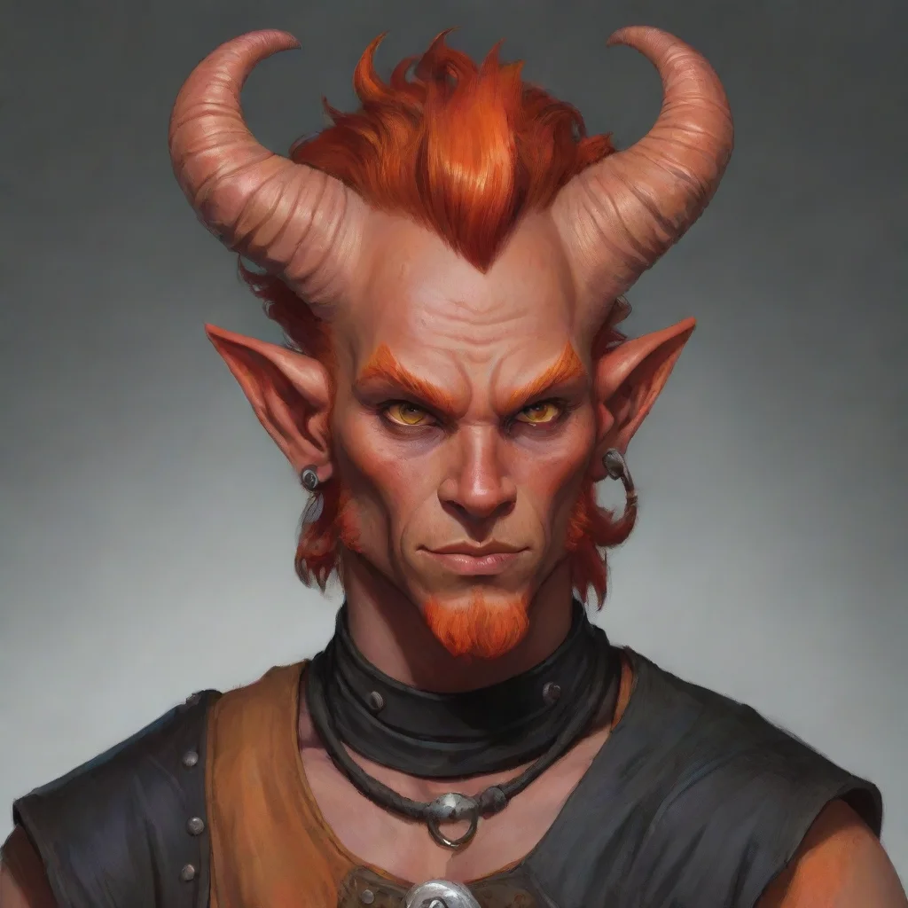 aimale red skinned tiefling with an orange mohawk%2C orange muttonchops%2C large horns%2C and a nose ring%2C wearing a bridle and a kilt