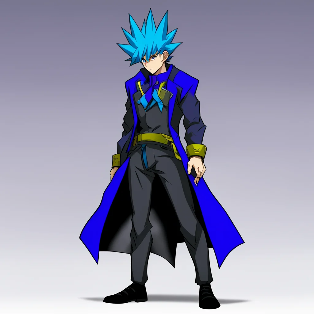 aimale yu gi oh character%2C with short blue hair%2C a short black coat%2C who appears to be an anti hero. confident engaging wow artstation art 3