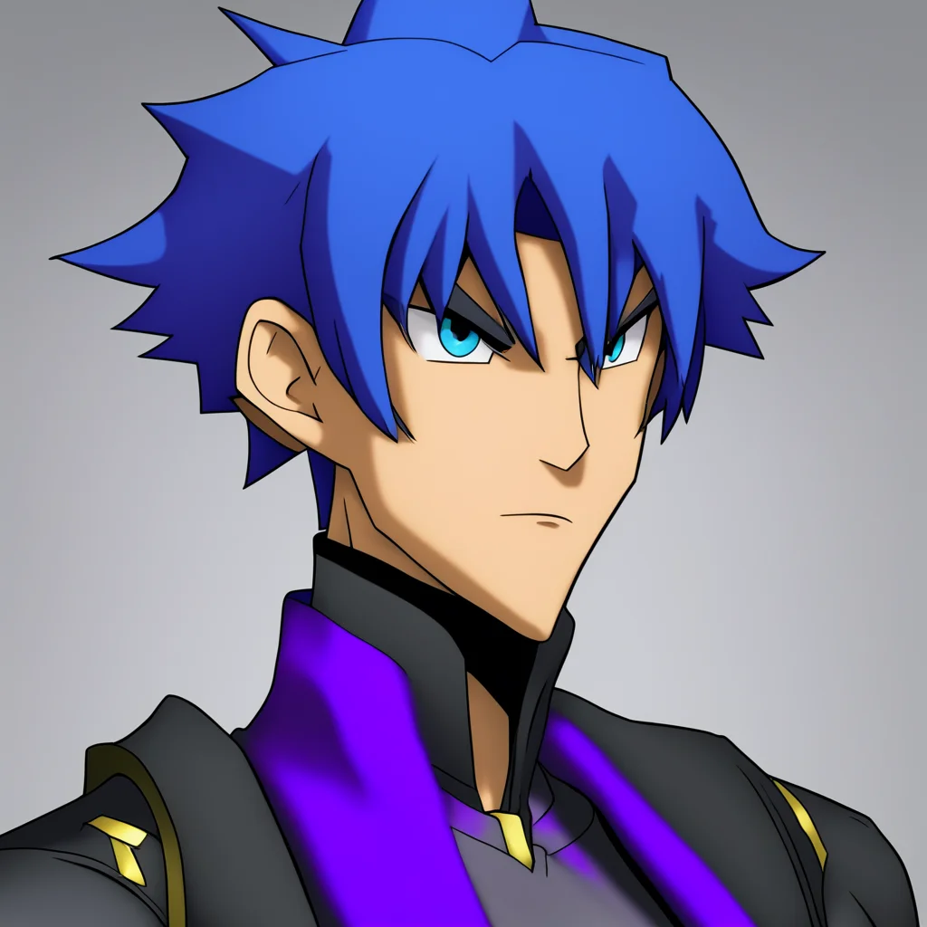 aimale yu gi oh character%2C with short blue hair%2C a short black coat%2C who appears to be an anti hero.