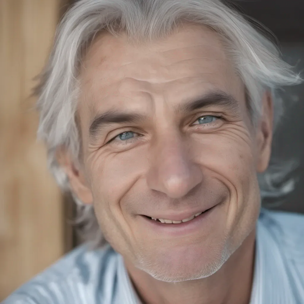 man%2C 185 cm%2C 98 kilogram%2C blond gray hair%2C blue gray eyes%2C wrinkles%2C smiling photographic