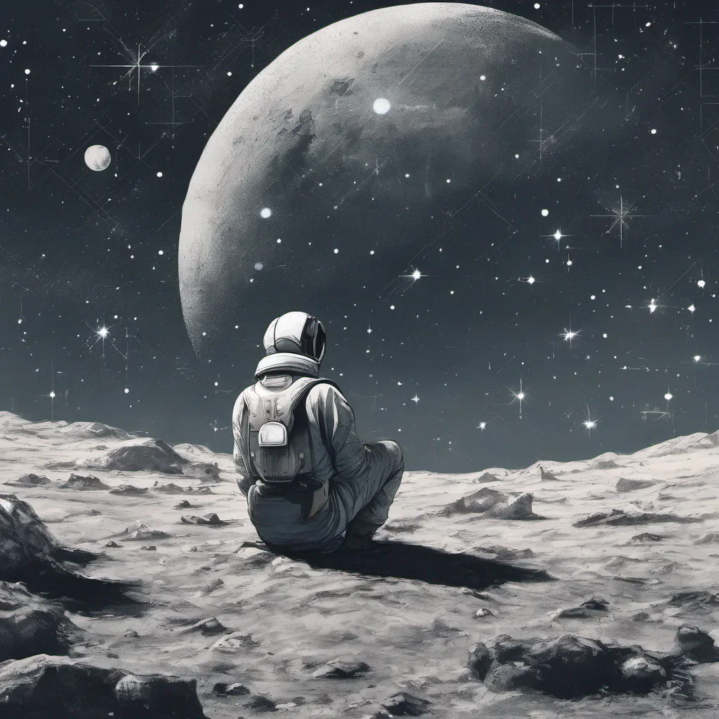 man alone in space watching the constellations sitting on the moon