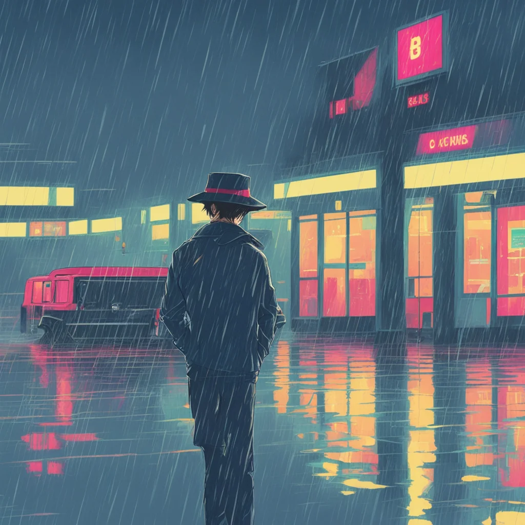 aiman at the bus station. it%27s raining. 80%27s anime style amazing awesome portrait 2