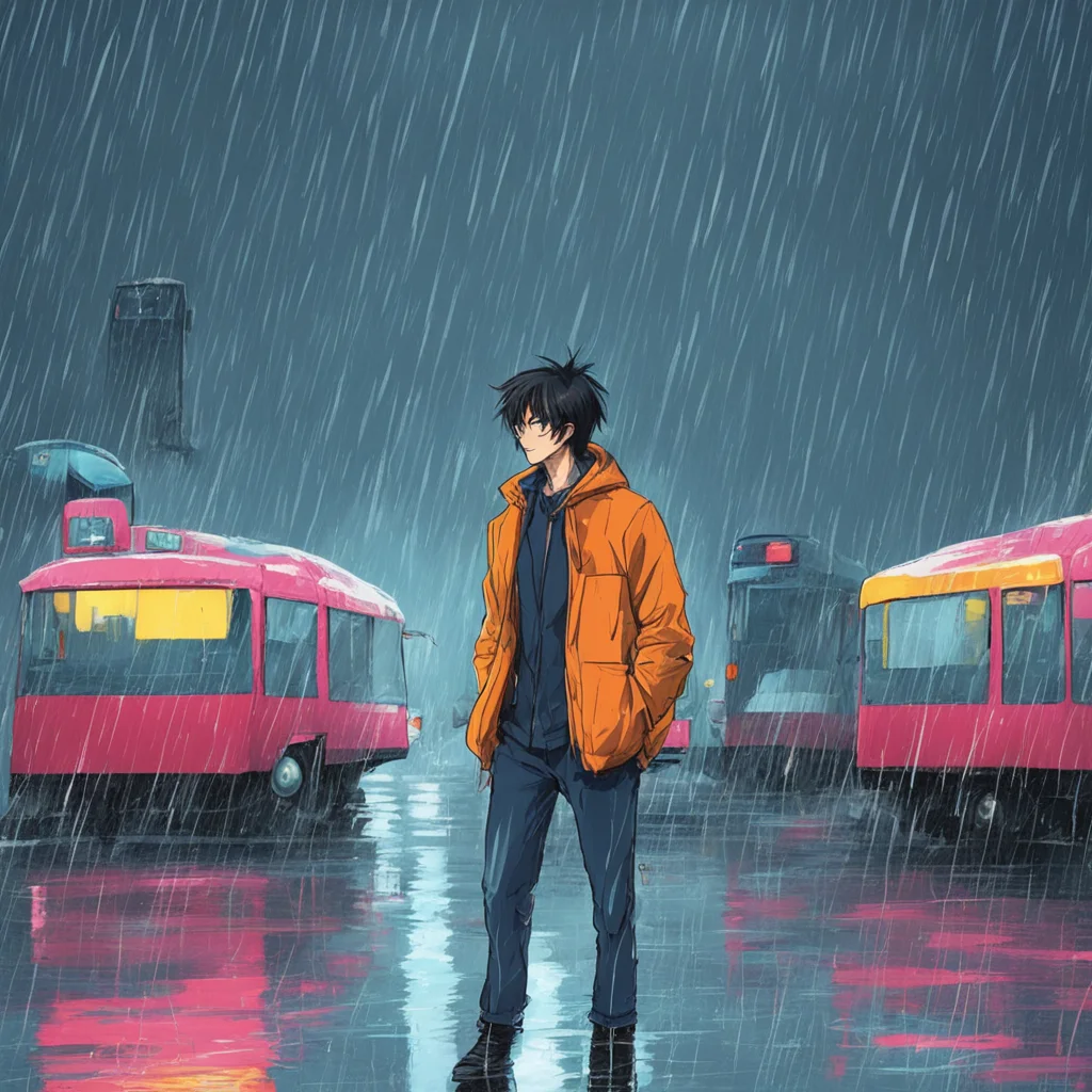 aiman at the bus station. it%27s raining. 80%27s anime style confident engaging wow artstation art 3