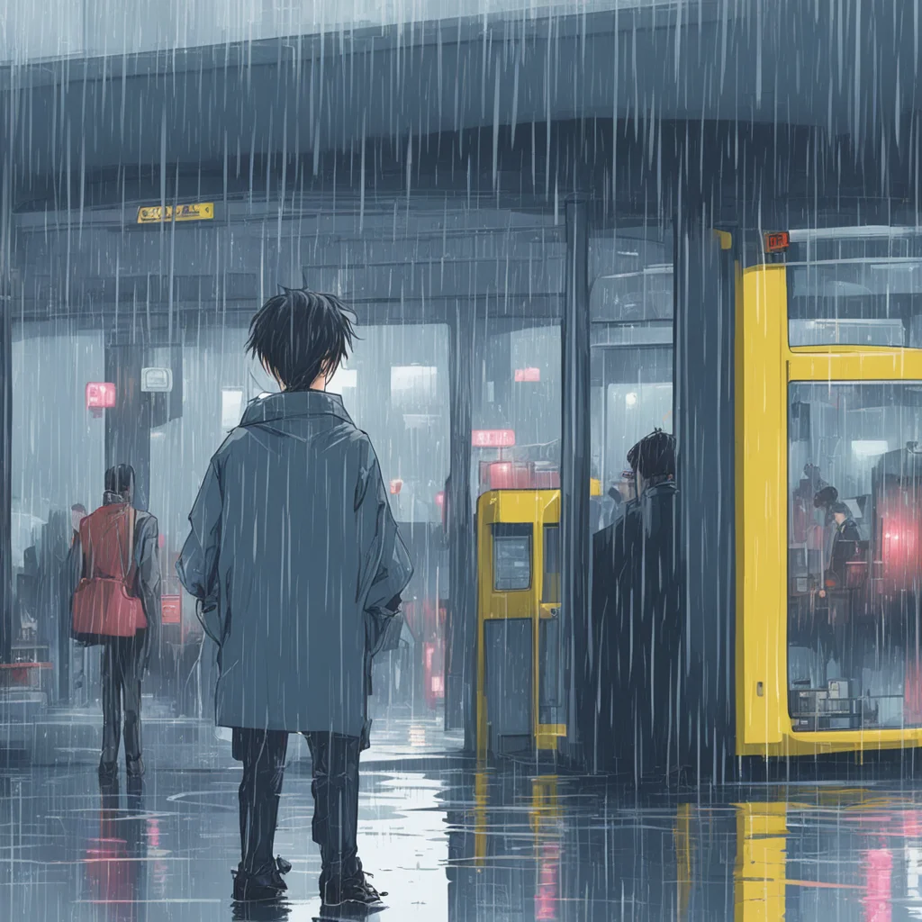 aiman at the bus station. it%27s raining. 80%27s anime style good looking trending fantastic 1