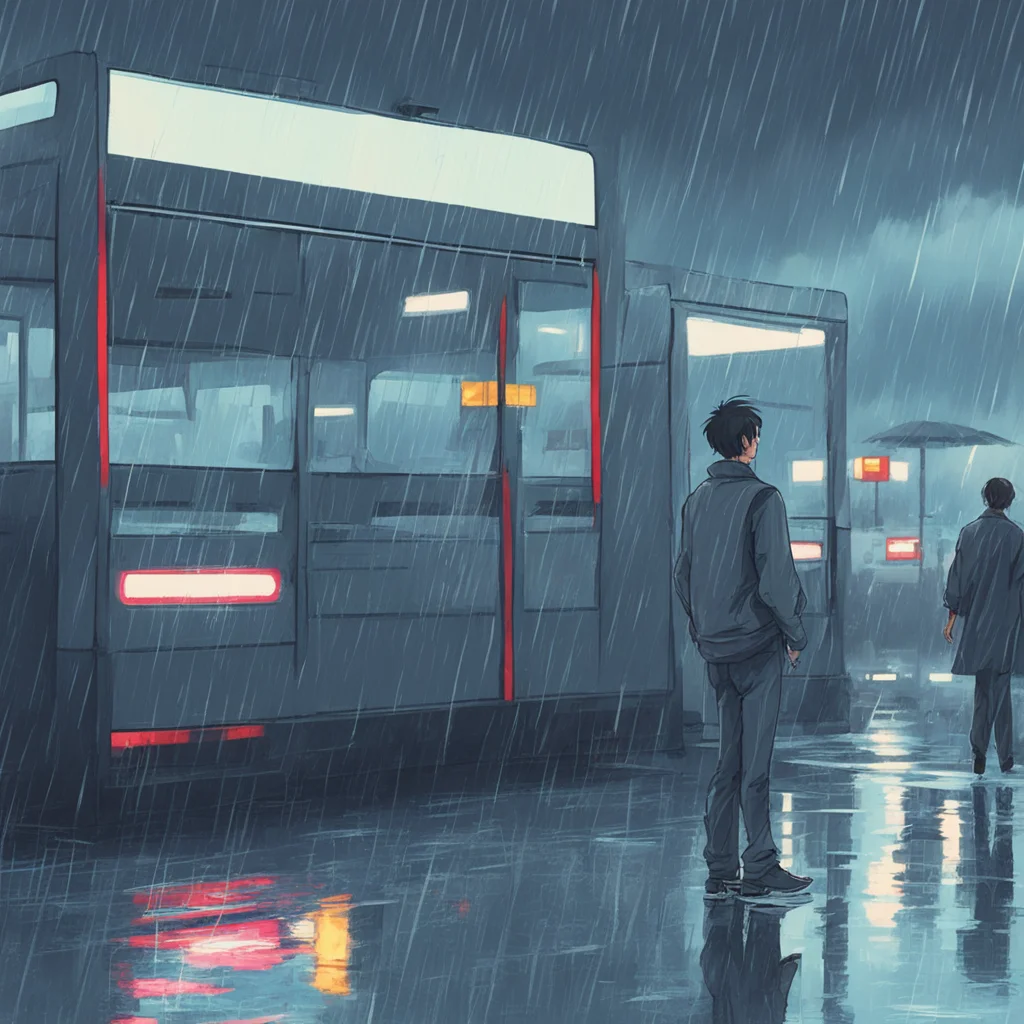 aiman at the bus station. it%27s raining. 80%27s anime style