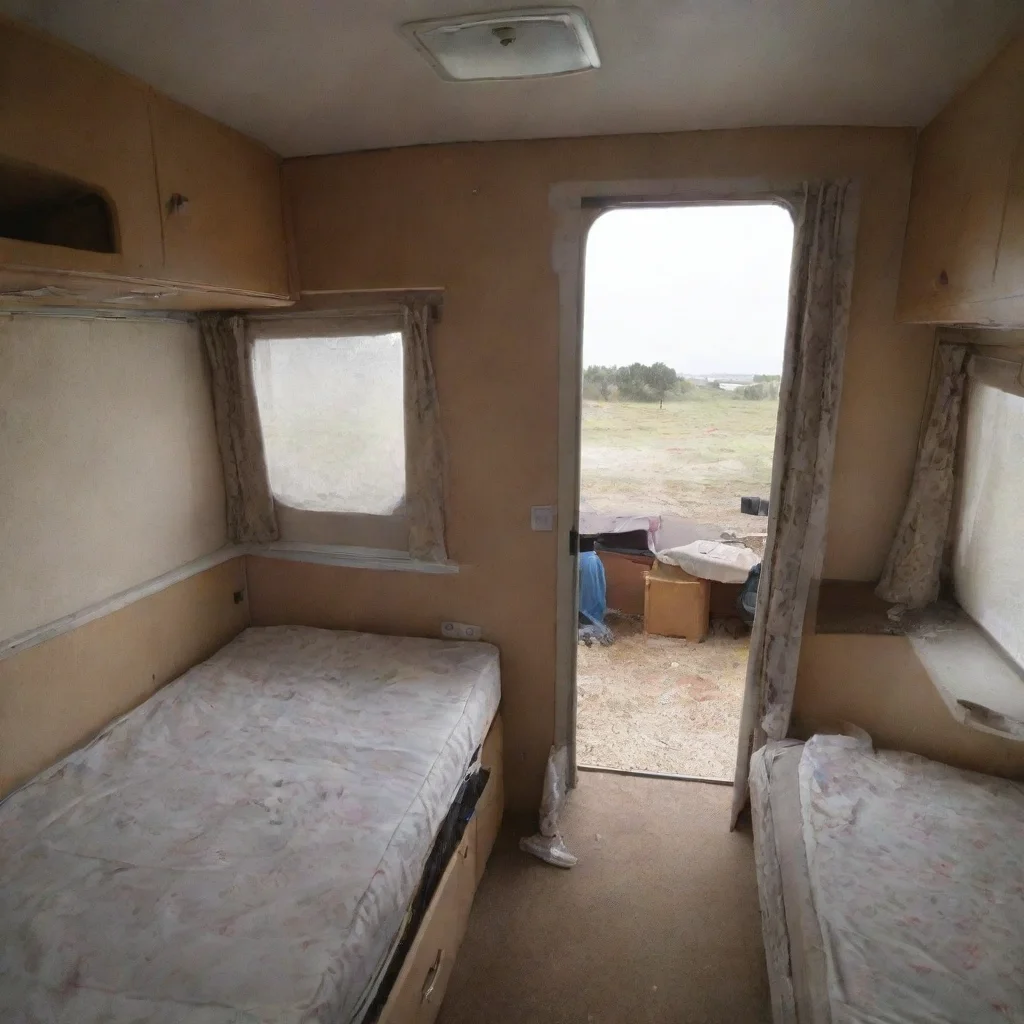 aiman leaning into a caravan%2C seeing a mess%2C point of view%3A from the bedroom of the caravan