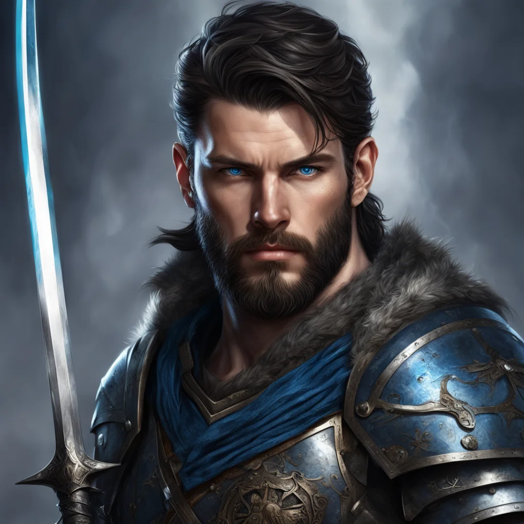aiman short hair warrior fantasy art dark hair beard sword armor blue eyes amazing awesome portrait 2 good looking trending fantastic 1