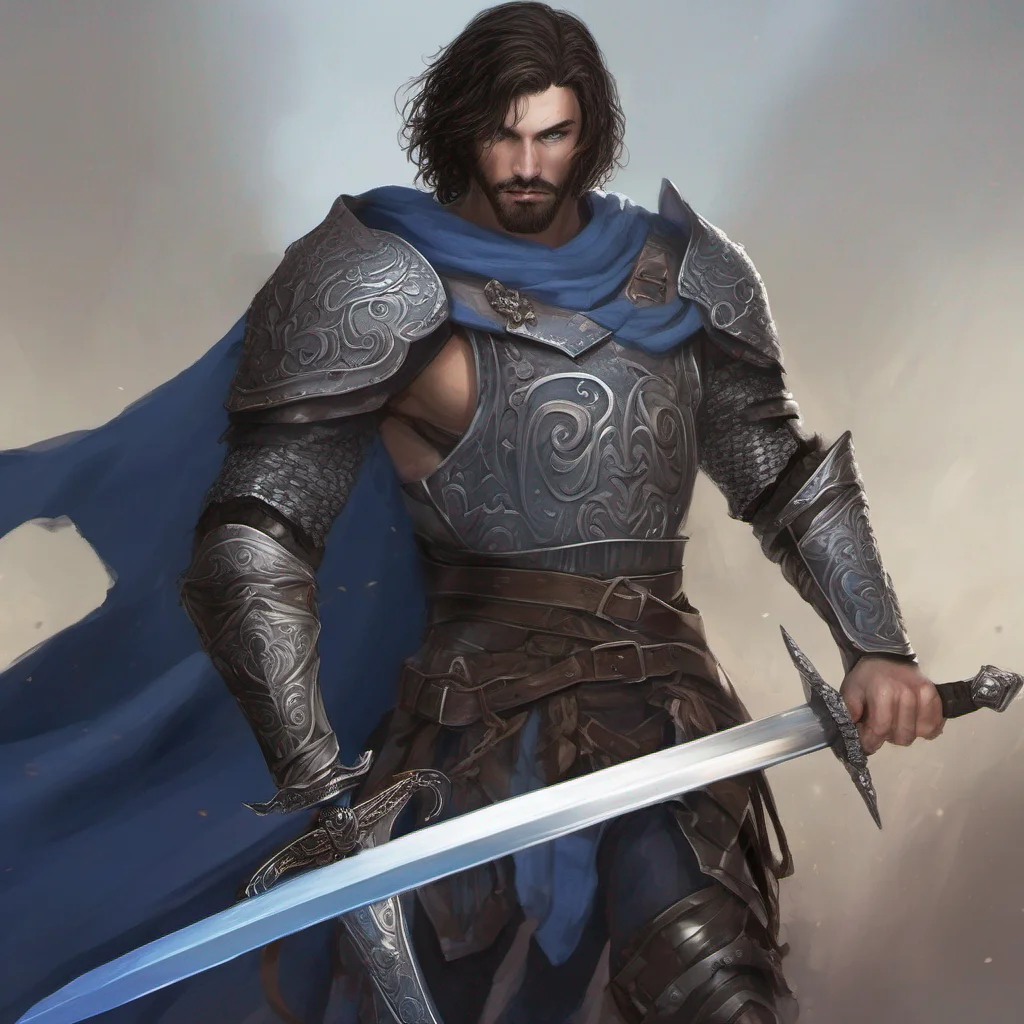 aiman short hair warrior fantasy art dark hair beard sword armor blue eyes good looking trending fantastic 1