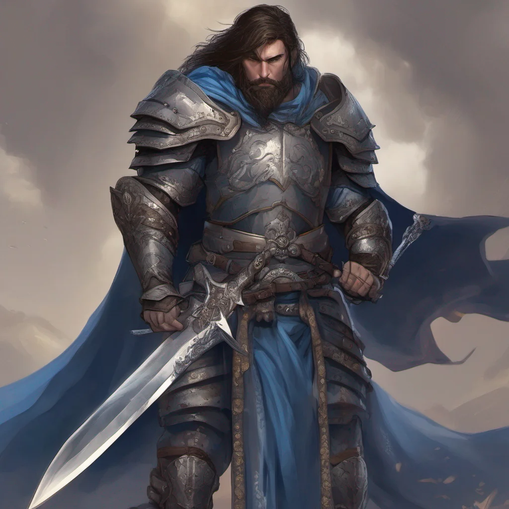 aiman short hair warrior fantasy art dark hair beard sword armor blue eyes