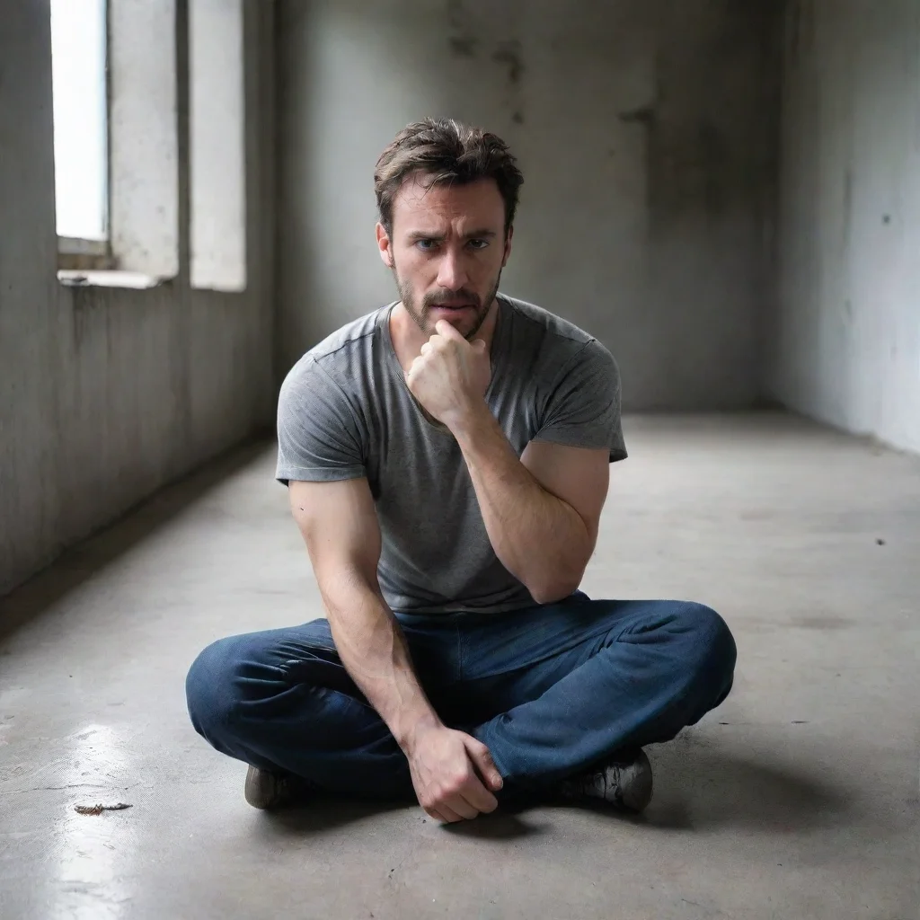 aiman sitting on the floor%2C visibly distraught%2C clenched fists%2C looking at the camera%2C inside a concrete room with a window fantastic