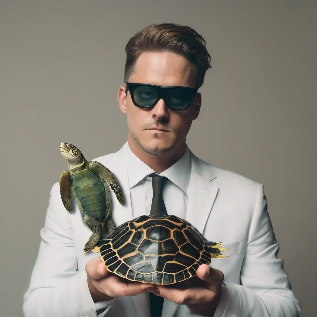 man wearing white suit but having head of a turtle 