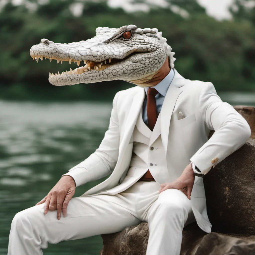 aiman wearing white suit but having head of crocodile 