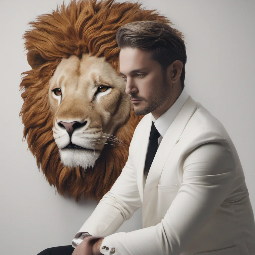 man wearing white suit but having head of lion 