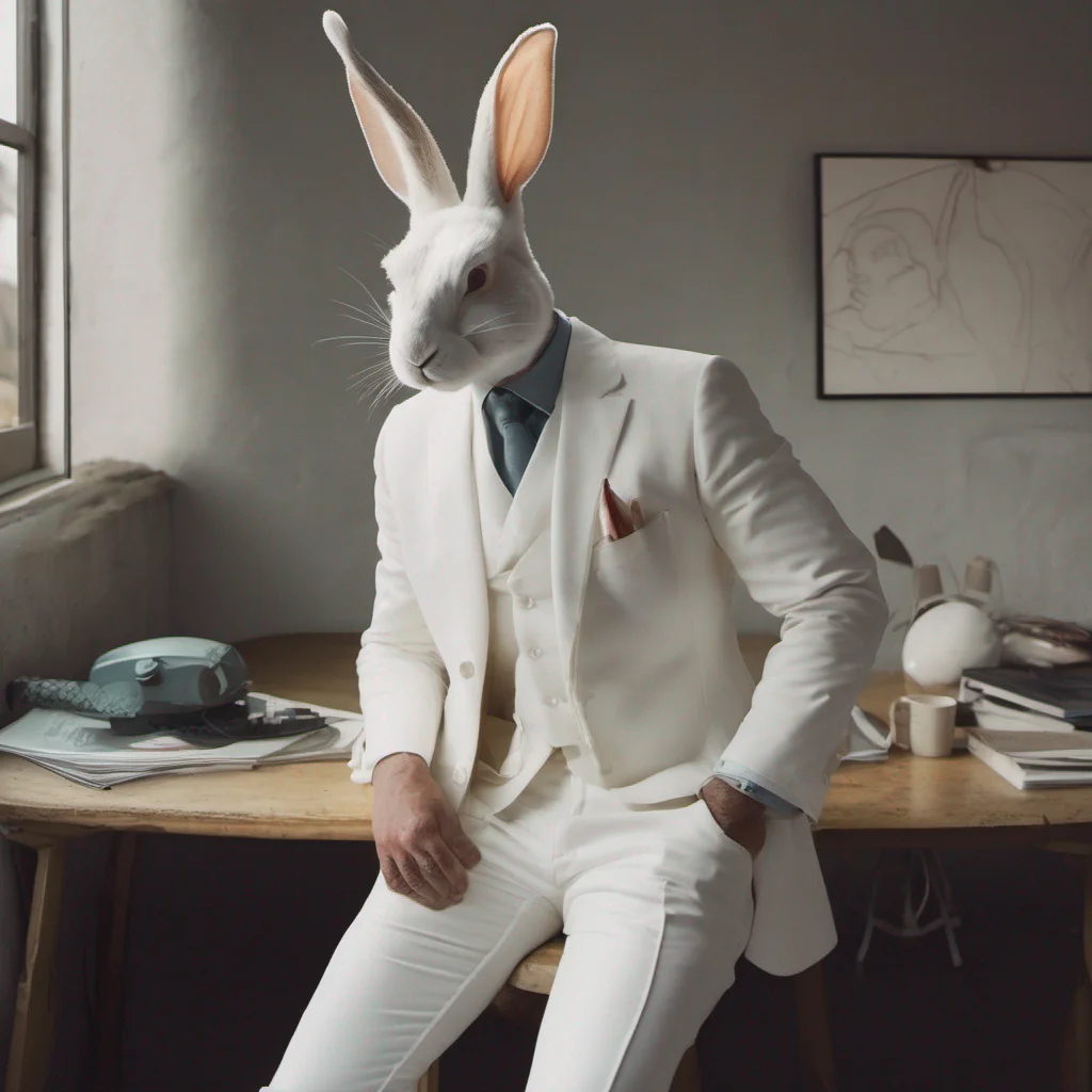 man wearing white suit but having head of rabbit 