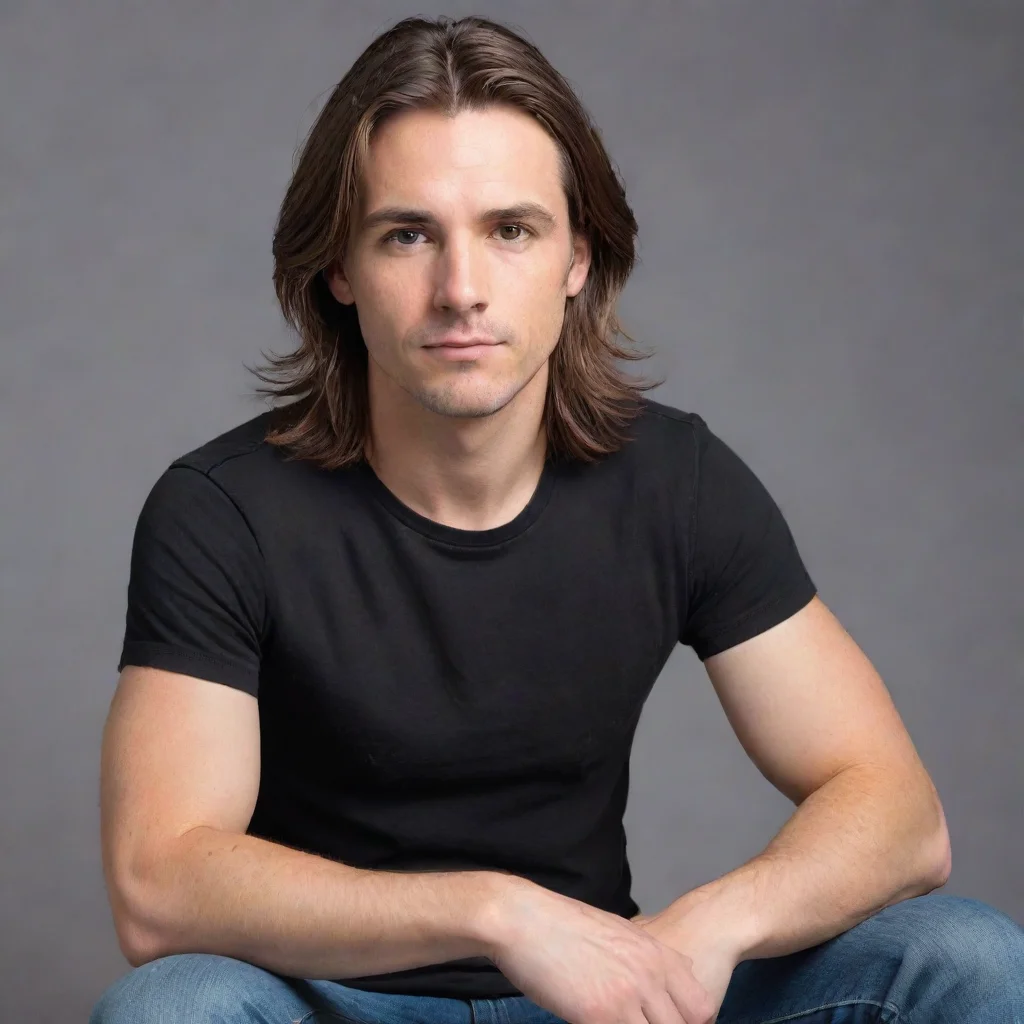 aiman with brown hair%2C brown eyes%2C black t shirt%2C and jeans sitting%2C long hair%2C tummy%2C tight shirt%2C narrow waist