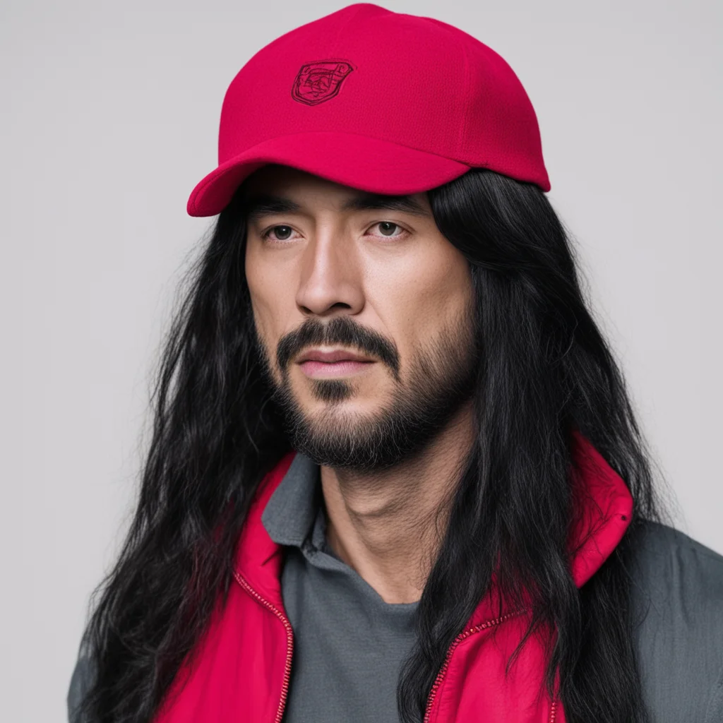 aiman with long black hair%2Cwith a red cap and red vest