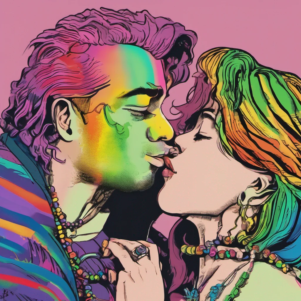 man with rainbow necklace kissing a woman