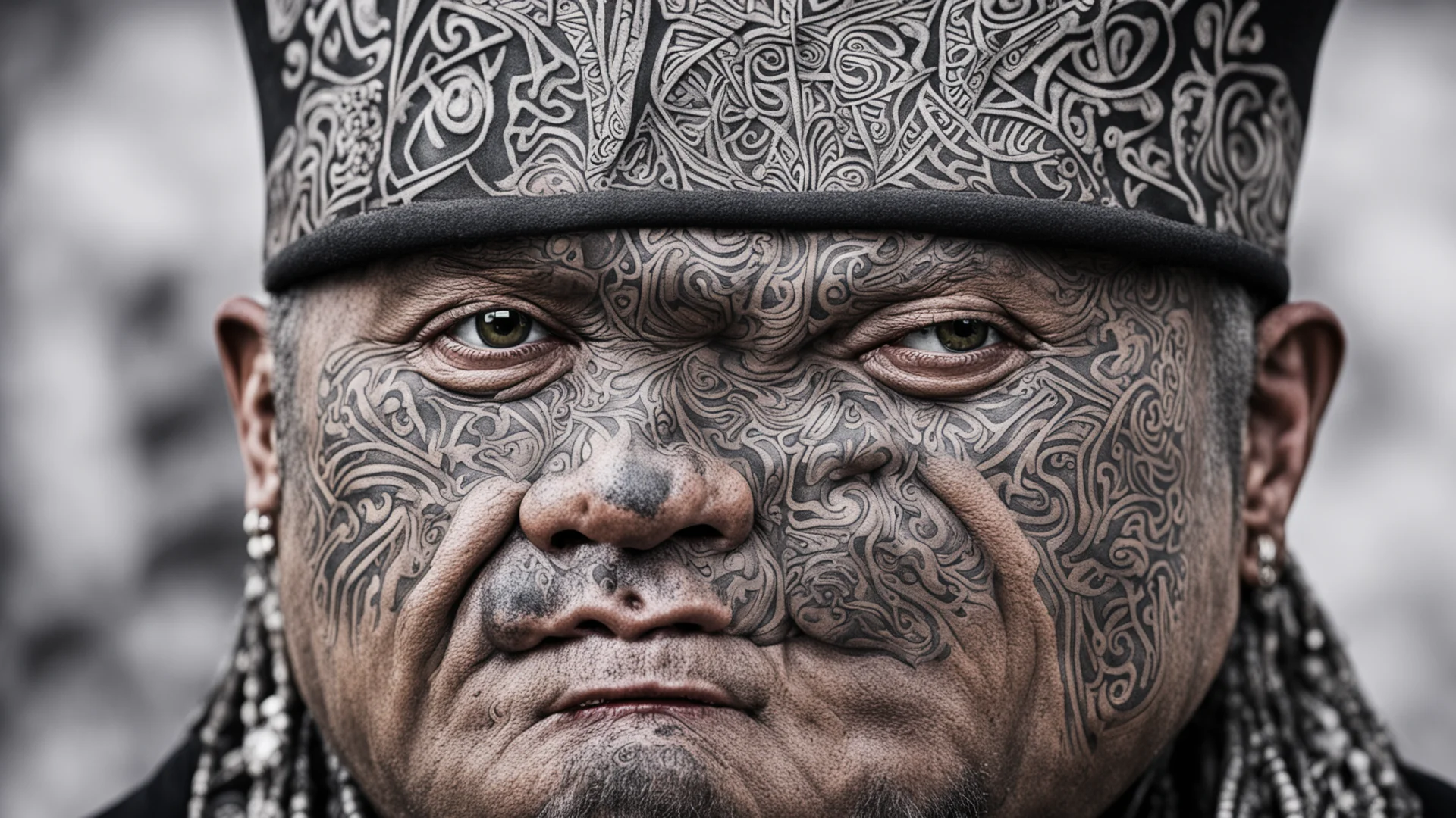 maori cheif moko facial tatoos menacing close up face top hat amazing awesome portrait 2 wide