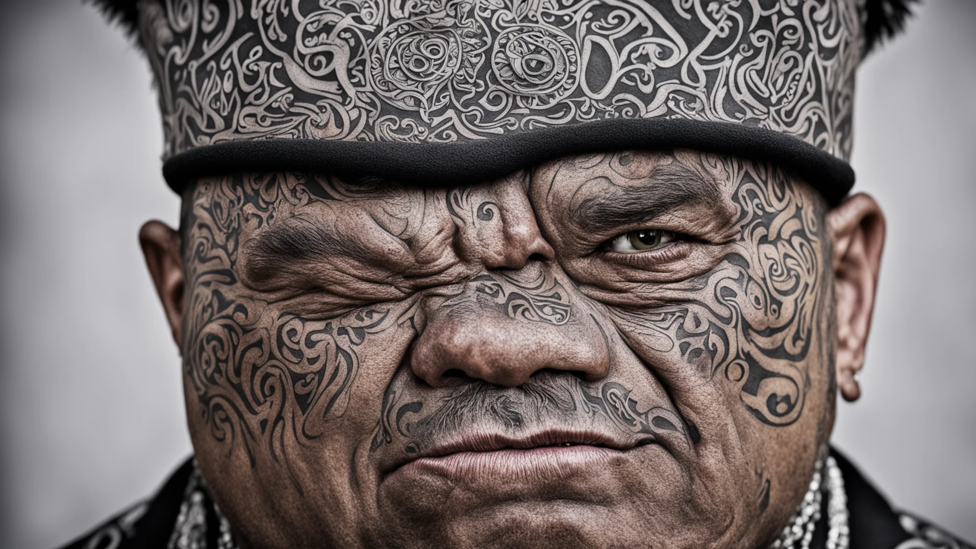 maori cheif moko facial tatoos menacing close up face top hat wide