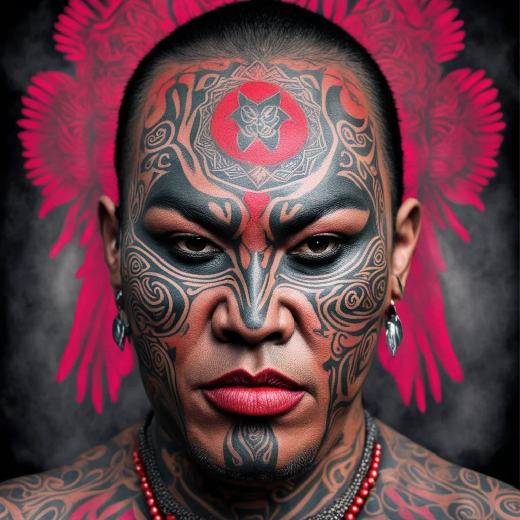 maori cheif moko facial tatoos menacing portrait red eves vampire confident engaging wow artstation art 3