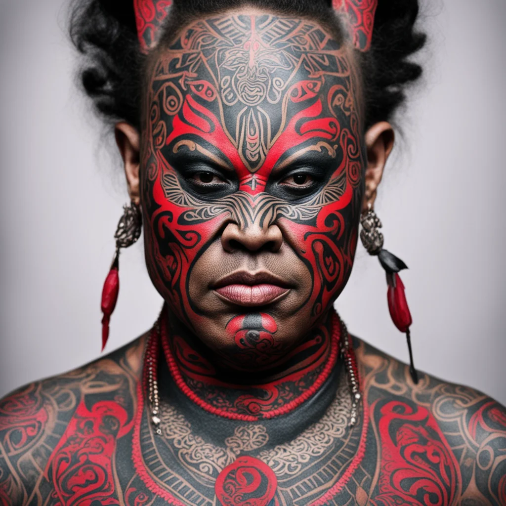 aimaori cheif moko facial tatoos menacing portrait red eves vampire