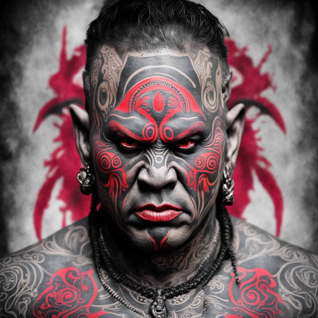 aimaori cheif moko facial tatoos menacing portrait red eyes vampire confident engaging wow artstation art 3