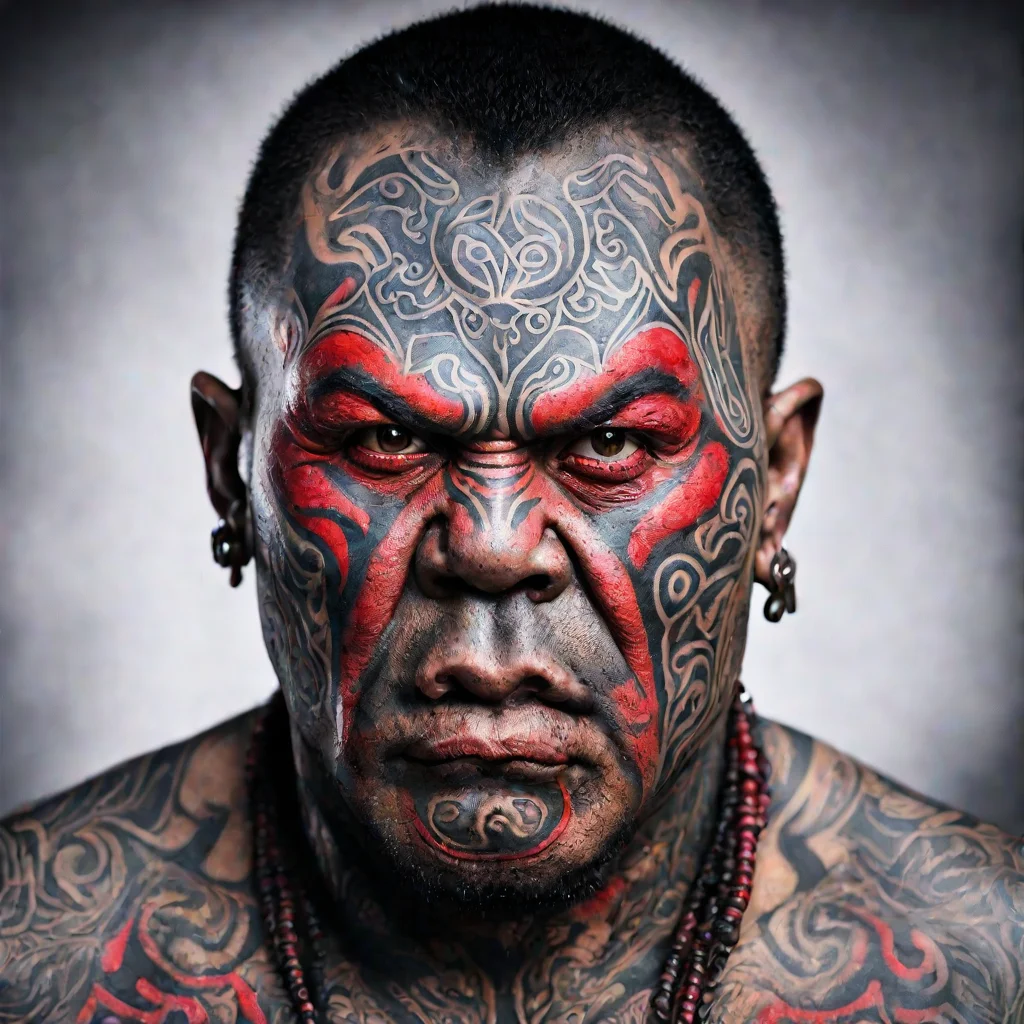 aimaori cheif moko facial tatoos menacing portrait red eyes vampire