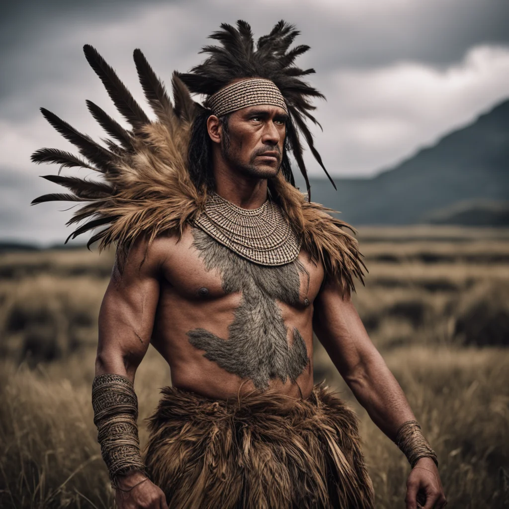 maori warrior dramatic cinematic shot pose feather flax weave clothes amazing awesome portrait 2