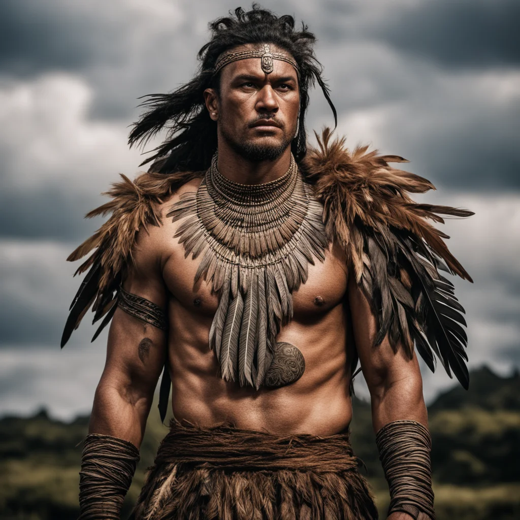 maori warrior dramatic cinematic shot pose feather flax weave clothes good looking trending fantastic 1