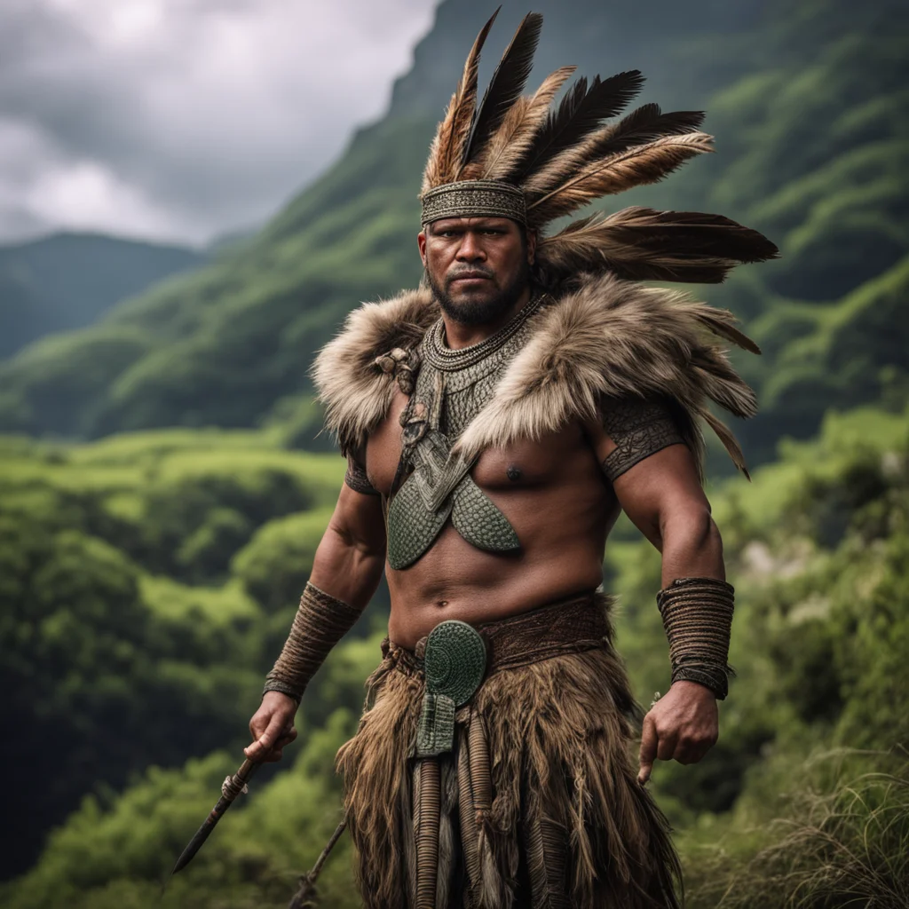maori warrior dramatic cinematic shot pose feather flax weave clothes spear with greenstone good looking trending fantastic 1