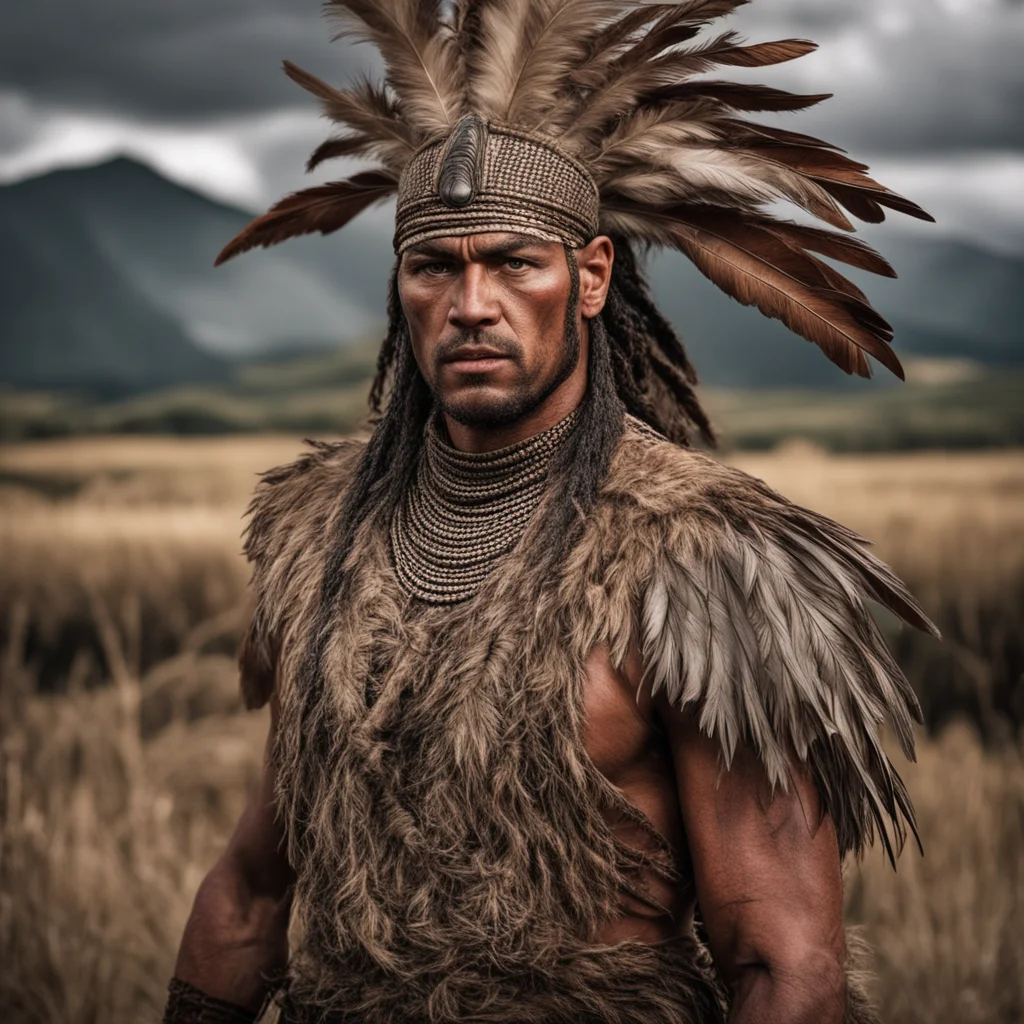maori warrior dramatic cinematic shot pose feather flax weave clothes