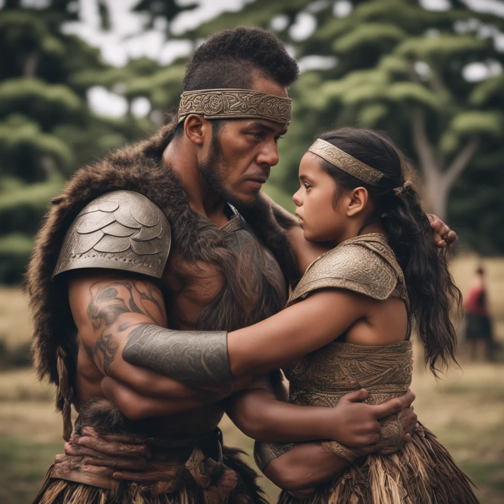 maori warrior shielding younger sister protective hero dramatic cinematic shot confident engaging wow artstation art 3