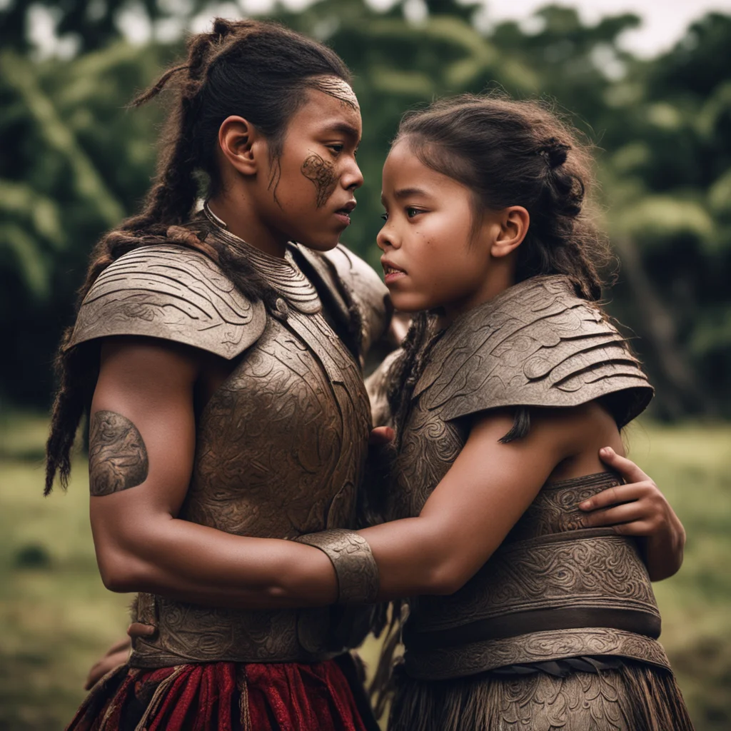 maori warrior shielding younger sister protective hero dramatic cinematic shot good looking trending fantastic 1