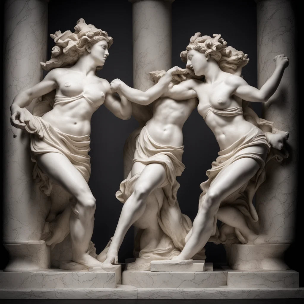 aimarble statues of greek goddesses fighting with pillows%2C dramatic lighting confident engaging wow artstation art 3