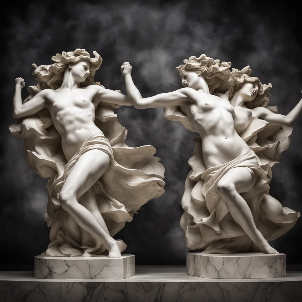 aimarble statues of greek goddesses fighting with pillows%2C dramatic lighting