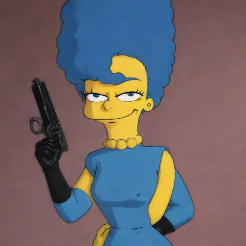 aimarge simpson smiling with black gloves and gun 