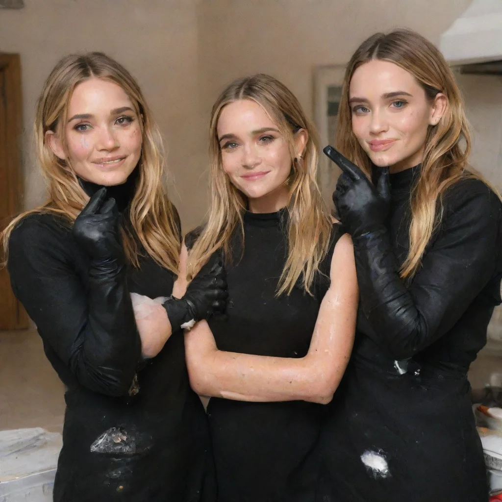 aimary kate and ashley olsen  smiling  with black nitrile gloves and gun and mayonnaise splattered everywhere