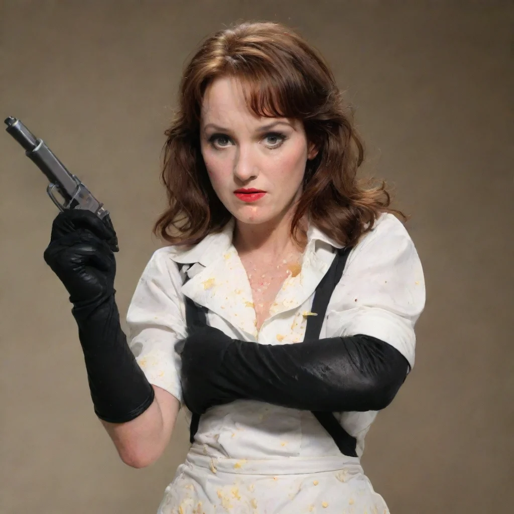 aimary scheer actress as marissa benson   with black gloves and gun and mayonnaise splattered everywhere