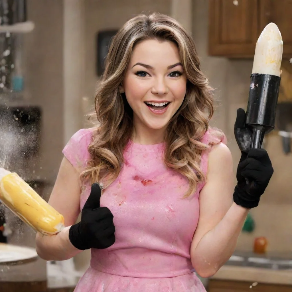 mary scheer actress as marissa benson from icarly smiling with black gloves and powerful rocket launcher and mayonnaise splashing and splattered everywhere 