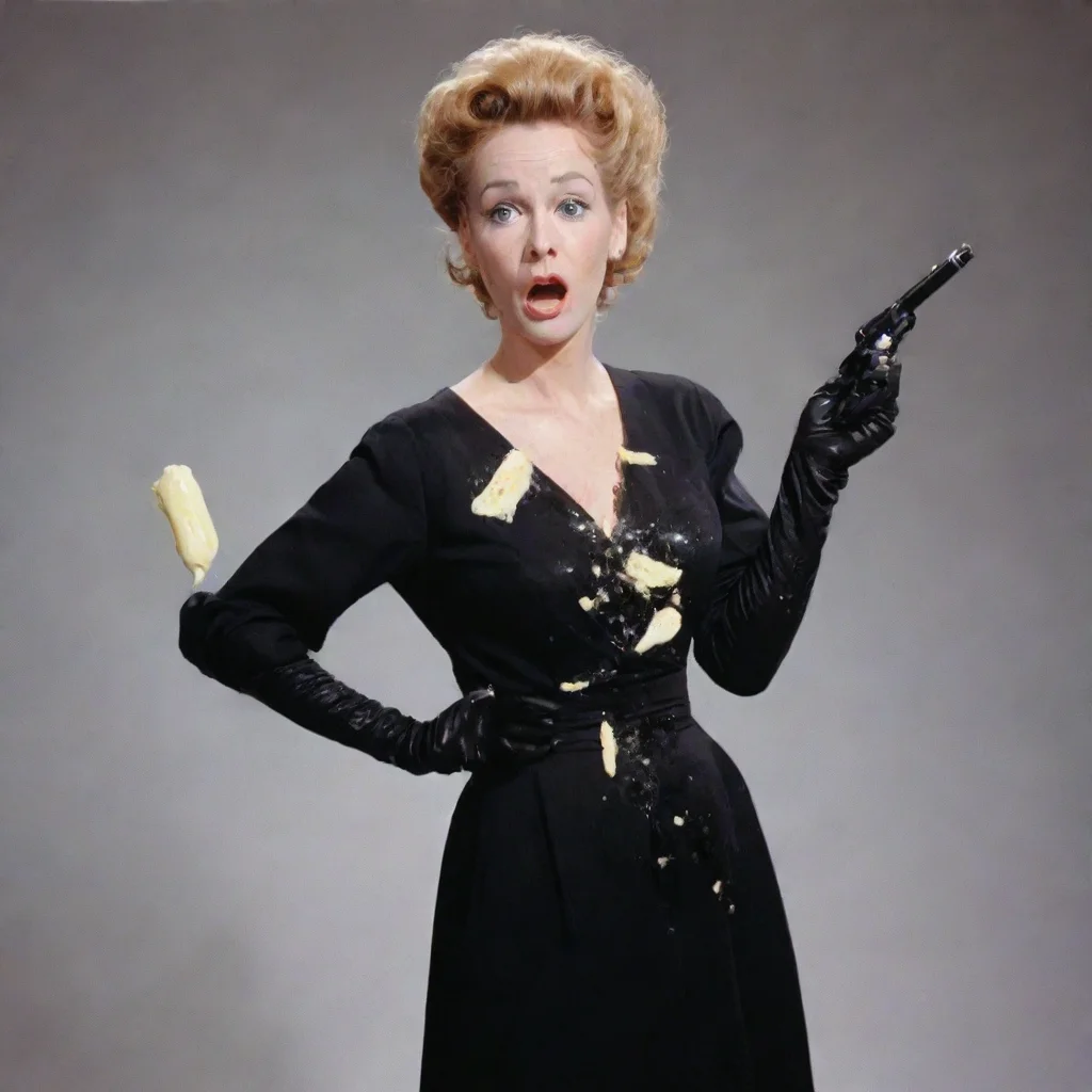 aimary scheer american actress and comedian  with black gloves and gun and mayonnaise splattered everywhere