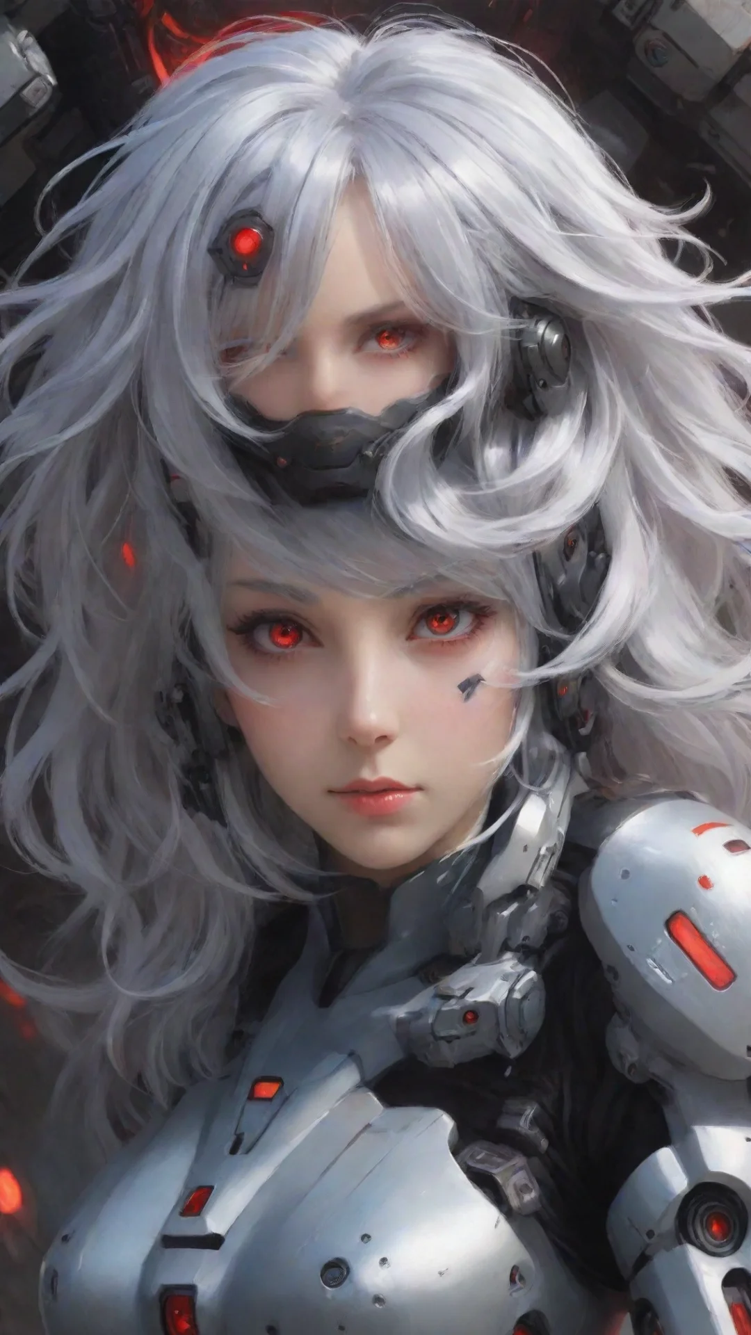 mecha pilot girl crimson eyes silver hair spaceship background tall