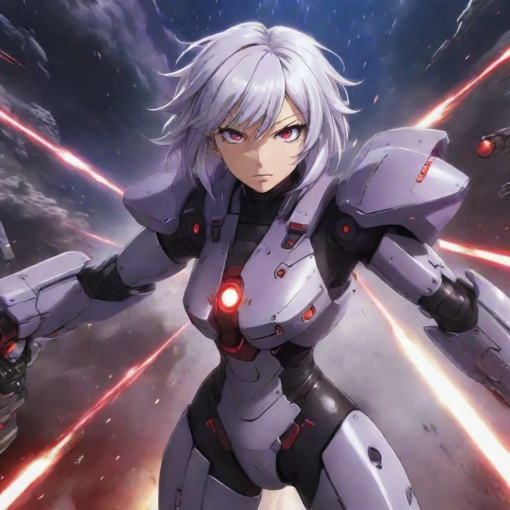 mecha pilot purple red eyes short silver hair anime space background battlecruiser lasers explosions fighting