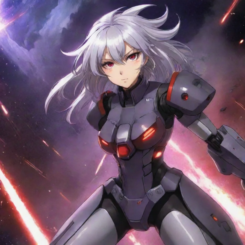 aimecha pilot purple red eyes shorter silver hair anime space background lasers explosions battlecruiser