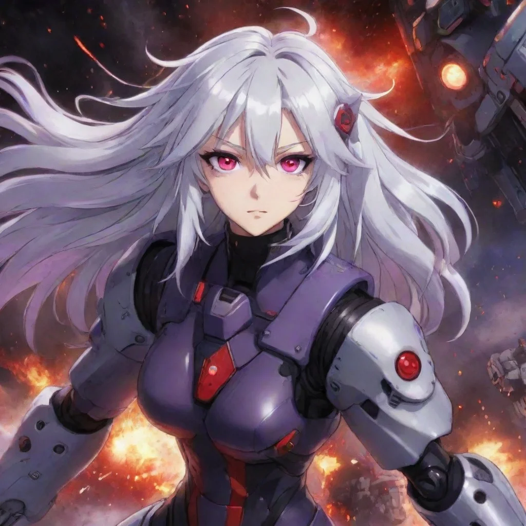 mecha pilot purple red eyes silver hair anime space background explosions